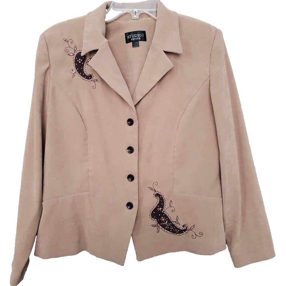 Studio 1 Petite Brown Microfiber Soft Embroidered Peacock Blazer Size 16P